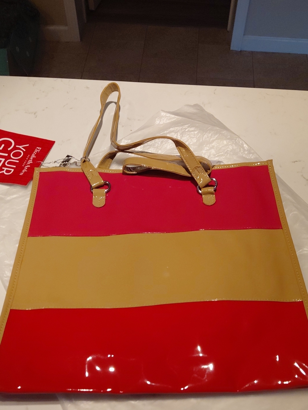 Elizabeth Arden Red and Mustard Patent Stripe Tote